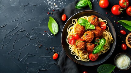 background, eating, meal, lunch, leaf, pasta, herb, healthy, plate, gourmet, fresh, basil, meatball, food, wooden, dark, black, spaghetti, bolognese, dinner, traditional, cheese, dish, delicious, tast - obrazy, fototapety, plakaty