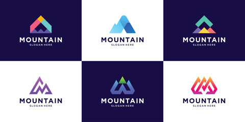 Set of Colorful mountain peak logo design inspiration. Modern abstract mount icon logo template.