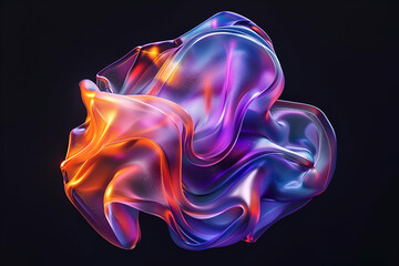 holographic blob shape, inspired by number 7 shape, purple orange blue colors gradient, isolated on black background 