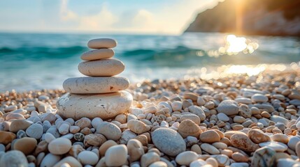 Tranquil stacked stones on beach at sunset