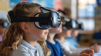 Elementary school children wear virtual reality VR goggles headset technology.