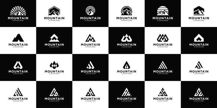 Mountain silhouette icon set logo design. Collection of simple abstract mount, peak, summit logo vector.