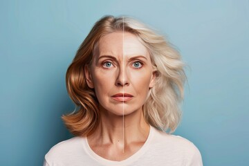 Naklejka premium Comprehensive barrier protection enhances proactive skincare in aging process, focusing on skincare enhancement, portrait dynamics, and skincare science in age contrast depiction.