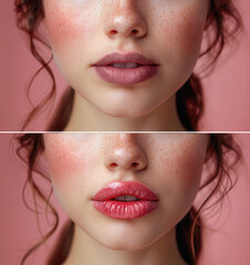 Comparison before and after lip filler injections or permanent lips make up on pink background.