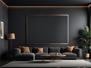  Large empty screen in a living room interior on an empty dark wall background design,3D rendering 