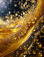 A dynamic close-up of effervescent golden liquid, possibly champagne, with lively bubbles against a dark backdrop