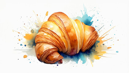 A digital watercolor of a croissant, merging culinary and visual arts in a vibrant display