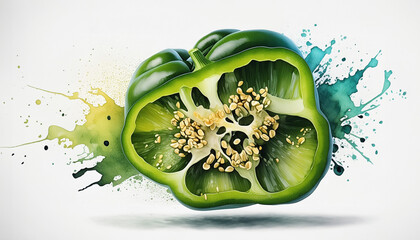 Vibrant green bell pepper slice amidst blue and green paint splashes, embodying a fusion of food and art