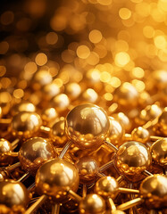 Close-up of golden molecular structures with a bokeh background, reflecting light beautifully