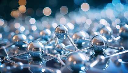 Gleaming network of spheres and rods, resembling a molecular structure against a bokeh background