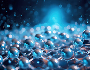3D rendering of a complex molecular structure with a radiant blue glow, creating a futuristic and scientific mood