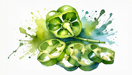 Watercolor painting of a sliced green bell pepper, showcasing its inner structure amidst splashes of green and blue paint