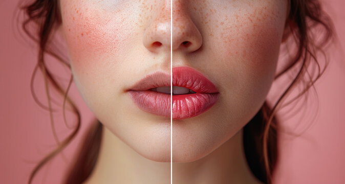 Comparison before and after lip filler injections or permanent lips make up on pink background.