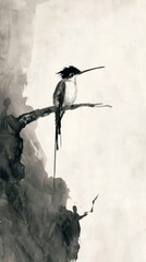 Fototapeta premium Ink painting minimal of hummingbird animal silhouette creativity.