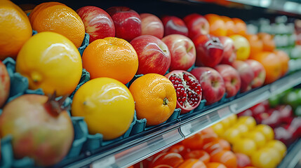 Various type of fresh fruits arrange neatly grocery store, Apple, Orange, Pomegranate, Lemon on...