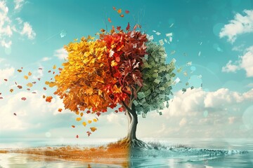A depiction of a magical money tree changing seasons, showing different financial growth stages --ar 3:2 Job ID: 4bdd64e1-1871-4c79-944e-cd31595cd746