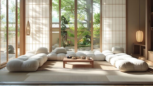 In a Minimalist Japanese Bedroom featuring Flexible Seating, a floor seating sofa with large and comfortable cushions is arranged invitingly for relaxation or social gatherings, complemented by floor 