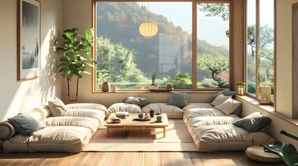 In a Minimalist Japanese Bedroom featuring Flexible Seating, a floor seating sofa with large and comfortable cushions is arranged invitingly for relaxation or social gatherings, complemented by floor 
