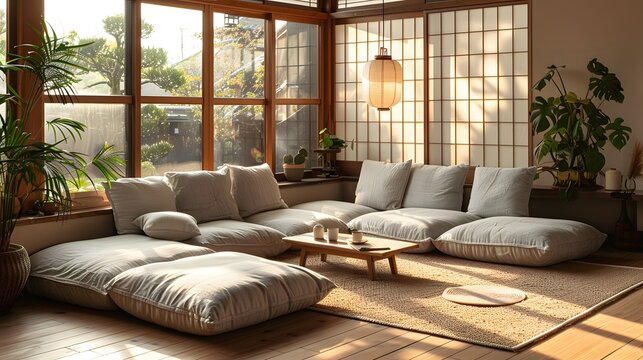 In a Minimalist Japanese Bedroom featuring Flexible Seating, a floor seating sofa with large and comfortable cushions is arranged invitingly for relaxation or social gatherings, complemented by floor 