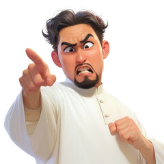 An attractive Asian Muslim cartoon character in a traditional Koko shirt is depicted angrily gesturing with his fingers reprimanding someone for their wrongdoing in a portrait set against a 