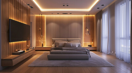 Modern bedroom interior with wooden paneling and TV mounted on the wall in 3D ing