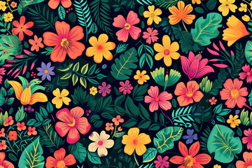 Colorful Floral and Leafy Seamless Pattern on a Dark Background for Textile Design and Wallpaper, Botanical Repeat Print