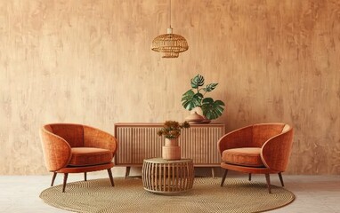 Elegant interior design with two orange velvet chairs, a wooden sideboard, and decorative plants against a textured beige wall.