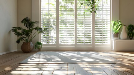 White interior window shutters with planters on the floor in front of them, a yoga mat on the wooden flooring, and sunlight shining through the windows. The room is well lit by natural light.