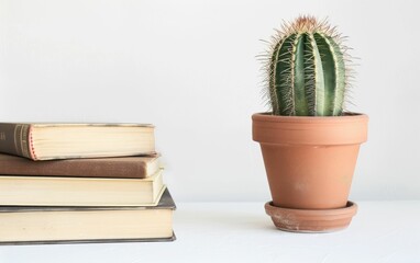 A potted cactus sits beside a stack of hardcover books against a white background.