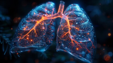 Lungs damaged by smoking with hologram style in blue and shiny red