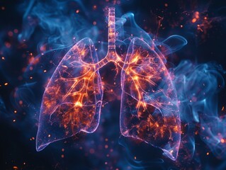 Lungs damage with smoke in hologram style in blue and red