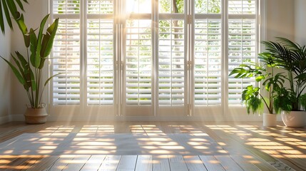 White interior window shutters with planters on the floor in front of them, a yoga mat on the wooden flooring, and sunlight shining through the windows. The room is well lit by natural light.