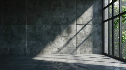 Modern interior with concrete walls and a large window allowing natural light to cast shadows on the floor.