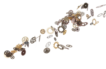 Cog wheel gear is spare part for industrial steel. Cogwheel gear head is innovation and brain teamwork. Many group gear wheel in difference color size fly in air. White background isolated