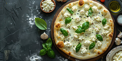 Delicious homemade pizza with melted cheese, fresh basil and garlic on rustic wooden board on dark background