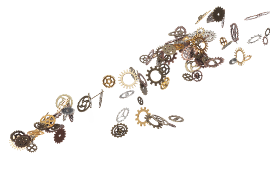 Cog wheel gear is spare part for industrial steel. Cogwheel gear head is innovation and brain teamwork. Many group gear wheel in difference color size fly in air. White background isolated