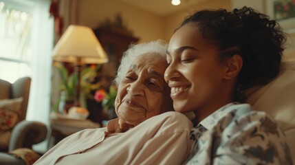An elderly woman and a young woman are sitting on a couch and smiling at each other.