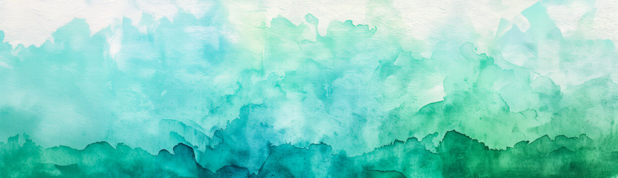 Blue green watercolor paint splash, blotch background, brush wash and stain bloom, blobs of paint, old turquoise vintage watercolor paper grain texture.  Abstract forest tree landscape art panorama