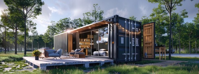 Innovative tiny house from repurposed shipping container. Minimalist design and sustainability. Efficient 