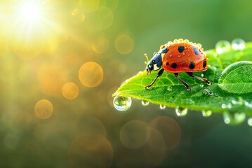 Macro photo of a ladybug on a green grass with dew, morning dew, lady bug, ladybug on top of a wet leaf, extreme close up of a ladybug - Powered by Adobe
