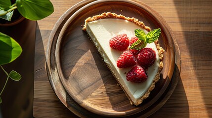 New york cheesecake with creamy filling, graham crust, fruit topping on wooden tray in daylight - obrazy, fototapety, plakaty