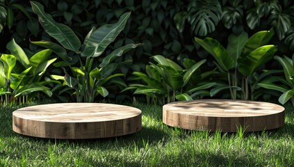 Two wooden platforms on a lush green lawn with dense foliage in the background.