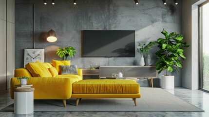 Modern living room interior with a vibrant yellow sofa, large TV, and green plants against a gray concrete wall.