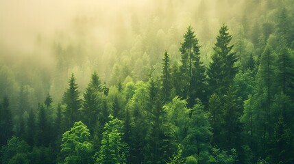 Fototapeta premium A misty forest scene with tall trees and dense foliage, evoking the tranquility of nature's beauty. For Design, Background, Cover, Poster, Banner, PPT, KV design, Wallpaper
