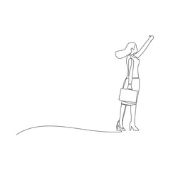 Continuous one line drawing of happy businesswoman with briefcase. Career goal achievement and development in business