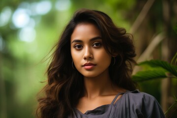 Naklejka premium A Serene Gaze into the Camera: An Intimate Portrait of a Young Woman with the Lush Greenery of a Bird Sanctuary Whispering Life in the Background