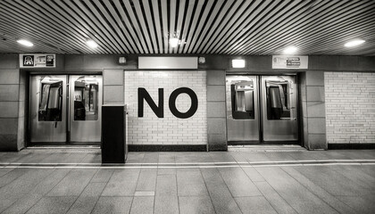 A black and white photo of a subway station with the word no
