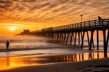 Fototapeta premium A Serene Sunrise Embraces a Solitary Figure Standing Before the Weathered Wood of a Sleepy Seaside Fishing Pier
