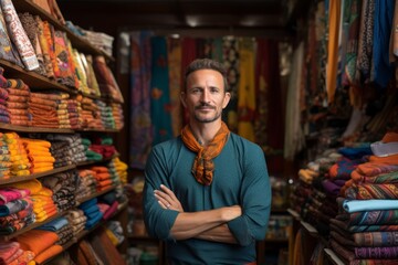 A Tapestry of Life: An Artisan's Portrait Framed by the Colorful Canvases of His Quaint Fabric Store