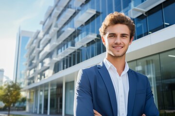 Fototapeta premium A Confident Young Entrepreneur Standing Proudly in Front of Their Newly Opened Real Estate Office Under a Clear Blue Sky